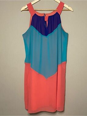 Enfocus Chevron Halter Dress Size 14 Teal Orange Purple V-Neck Lined Resort Wear